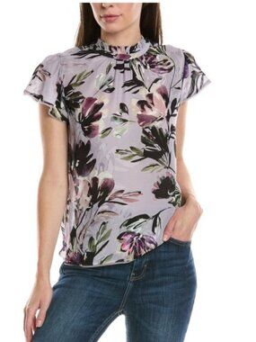 Go by Go Silk Washable 100% Silk Ruffle Neck Floral Blouse Top L Quiet Luxury